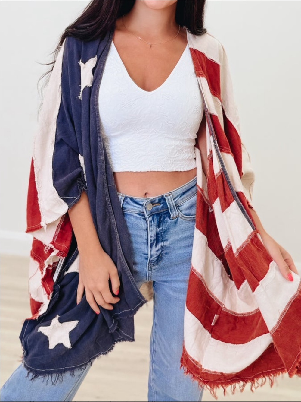 Oli & Hali Red, White & Navy Star-Spangled Draped oversized Kimono